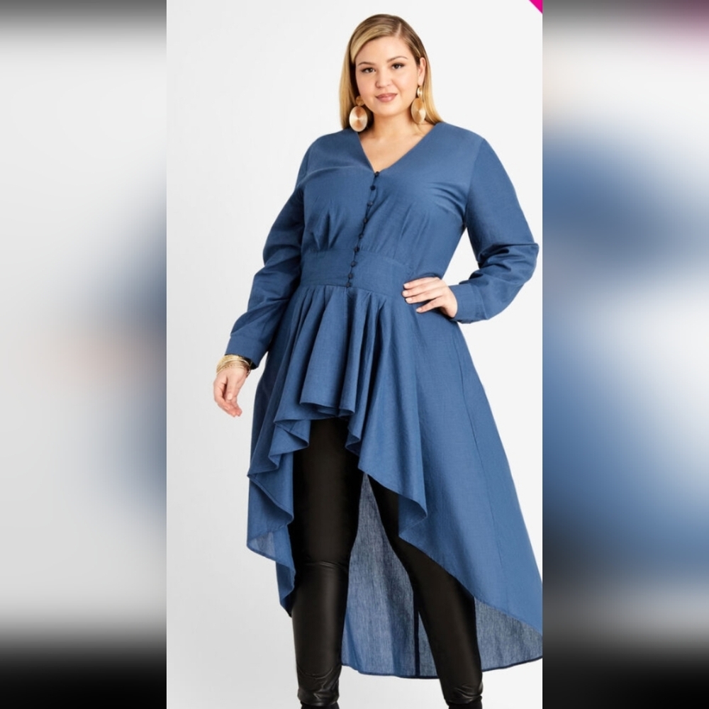 NWT Ashley Stewart Demin Blue Cotton Hi Low Button Up Duster Top Size 18